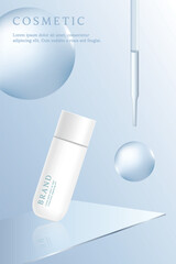 Cosmetic product ads template on blue background with glass plate.