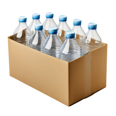Case of pure spring or mineral water bottles, sealed blue caps in cardboard and shrinkwrap, isolated bulk supply, grocery or retail