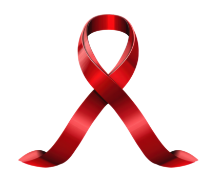 Red ribbon symbol for awareness and support for health causes on a transparent background, cut out