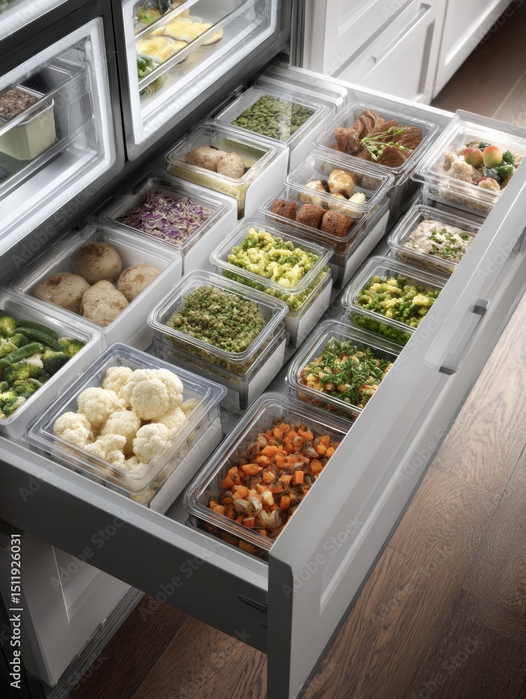 Aufkleber organized 3d freezer drawer with labeled trays of diverse sorted meals stored for easy access and me