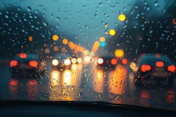 Raindrops on car windshield during heavy rainstorm city streets gigapixel imagery urban environment close-up view atmospheric concept