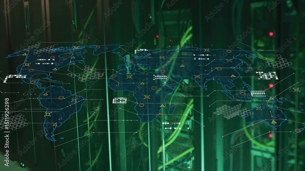 Poster server rack leds initiating animation as global map expanding showing pulsing nodes monitoring data