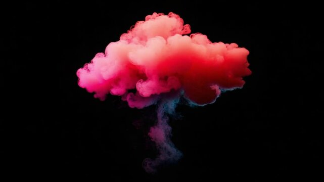 A vibrant pink and red cloud of smoke billows against a stark black background, its texture soft and ethereal, resembling a mushroom cloud