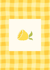 Summer illustration of ripe lemon on yellow checkered background. Flat style. Designer template for postcard, poster, flyer, banner, cover.