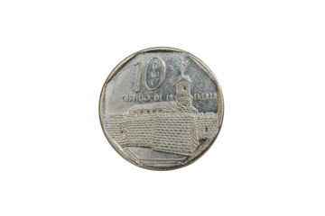 Reverse or tails side of a Nickel Cuban coin. Featuring the face value as 10 c numerals, and the name of the place represented in Spanish means "Castle of the Force", with eight-sided ring on edge.