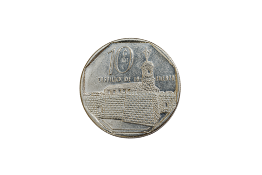 Reverse or tails side of a Nickel Cuban coin. Featuring the face value as 10 c numerals, and the name of the place represented in Spanish means "Castle of the Force", with eight-sided ring on edge.