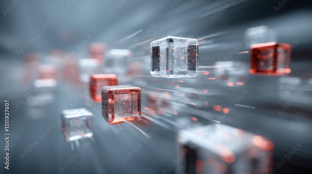 Poster abstract image showing transparent and red cubes in motion, symbolizing speed and innovation in digi