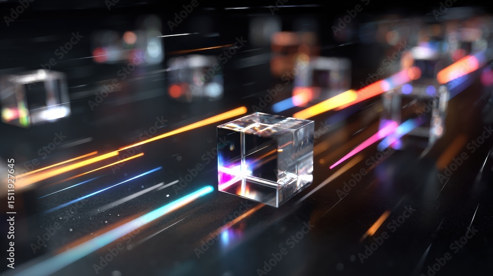Poster abstract representation of fast-moving digital cubes with colorful light trails on a dark background