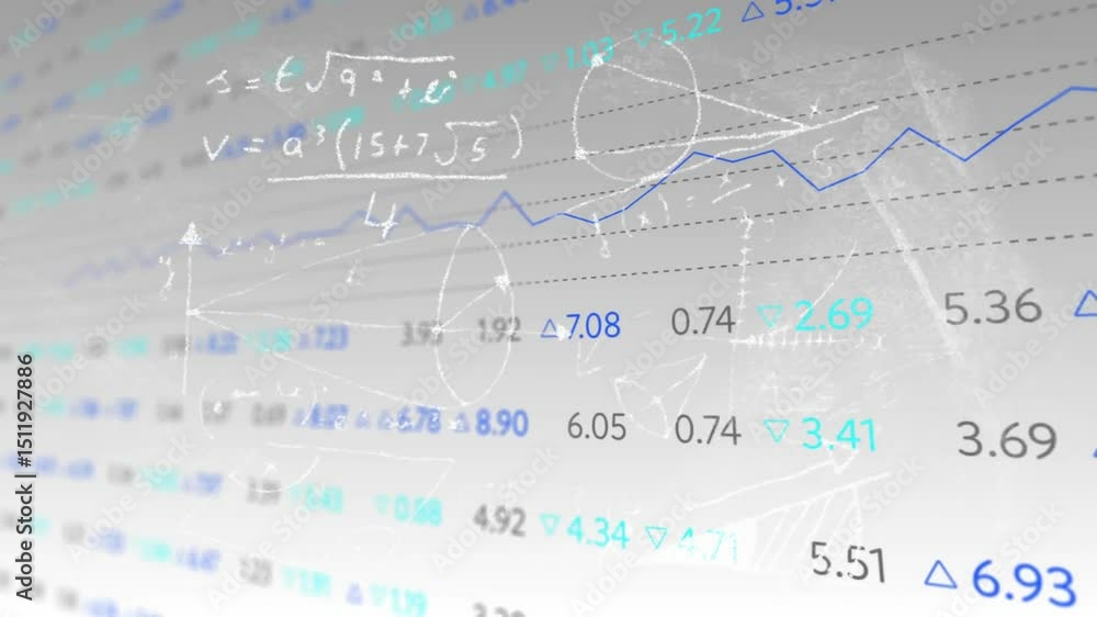 Poster displaying sparse teal numeric rows, undulating chart, annotating points, visualizing trend growth