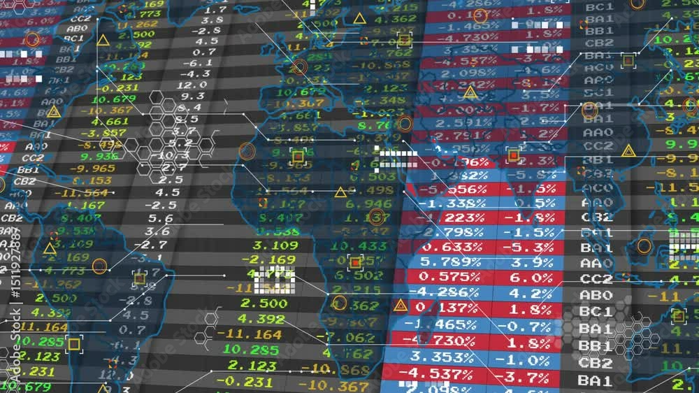 Poster numeric columns filling frame and world map emerging while clusters and lines pulsing analytics