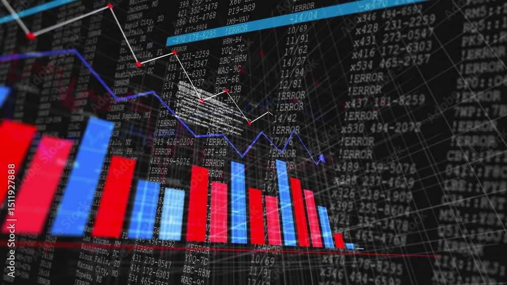 Poster upon baseline materializing colored bars rising and lines pulsing in 3d grid showing data updates