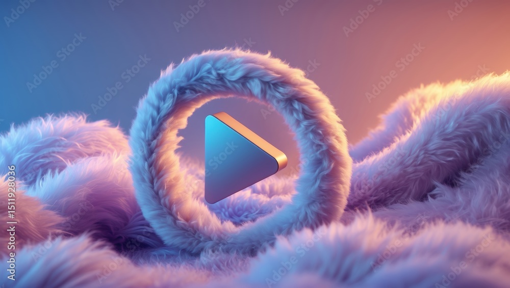 Poster soft, fluffy textures surrounding a geometrically shaped play button, creating a vibrant and invitin
