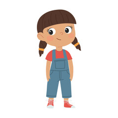 Cute little girl in overalls and sneakers. Cartoon vector illustration