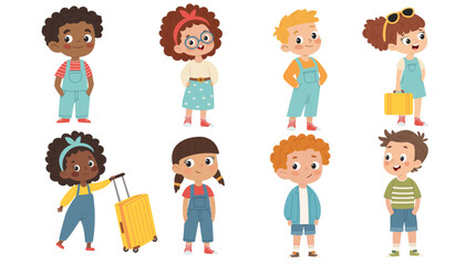 Girls and boys, children of different nationalities in summer clothes. Children are ready to travel.Vector illustration in children's style isolated on white background