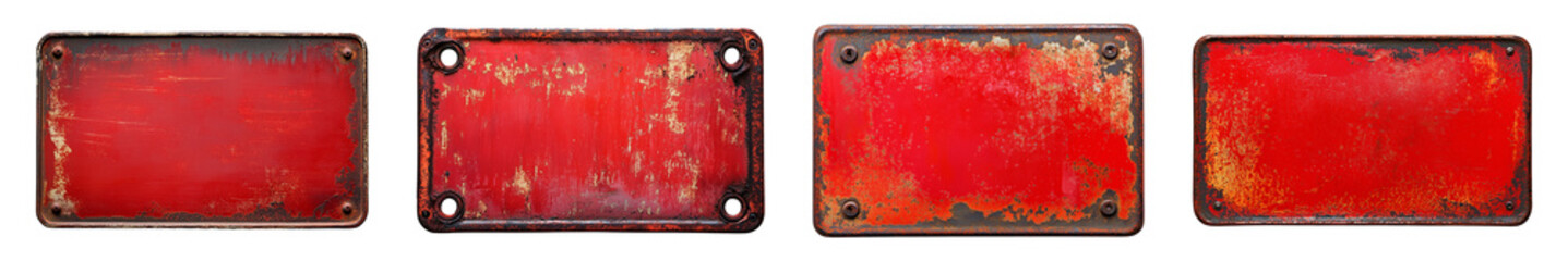 Four aged red metal plates featuring rust and bolt details are displayed on transparent background