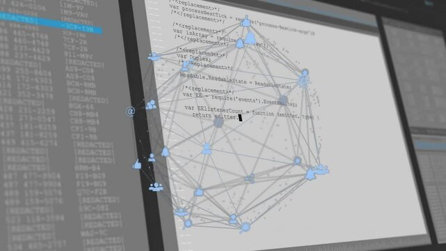 network sphere rotating when camera shifting view, pulsing nodes appearing as code editor updating