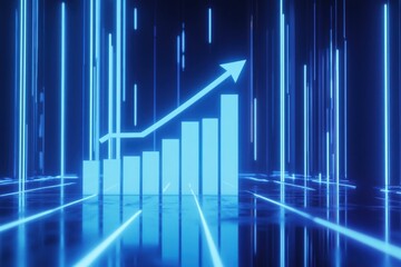 Abstract neon blue growth chart in digital space.