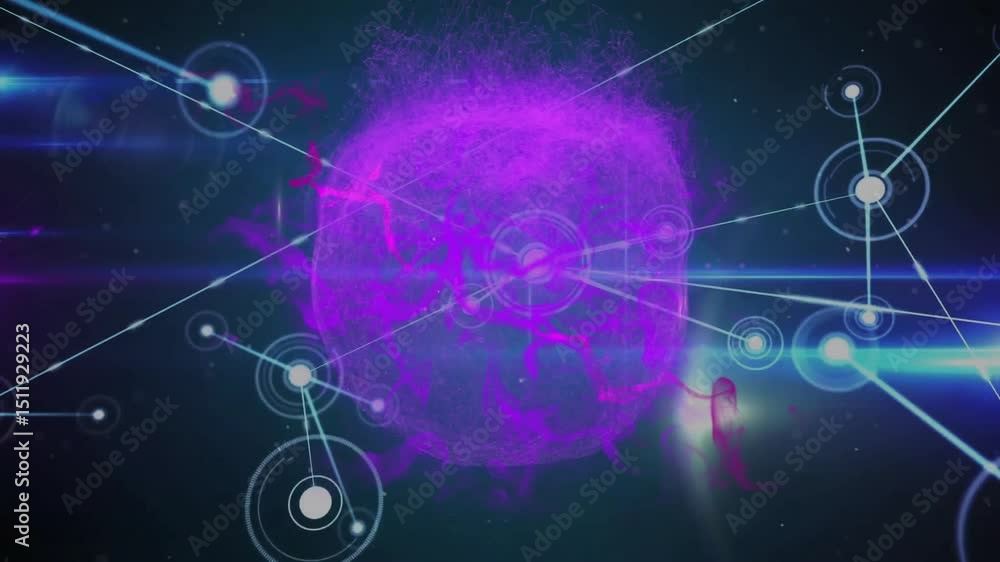 Poster purple energy sphere appearing in space, projecting connecting lines and forming network nodes