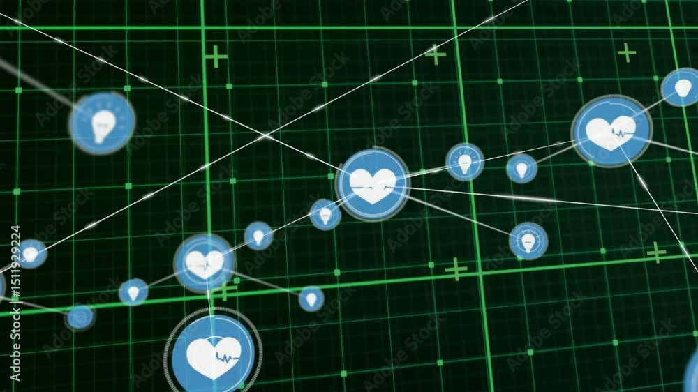 Poster starting blue health icon pulsing shooting lines spawning idea nodes showing network growth on grid