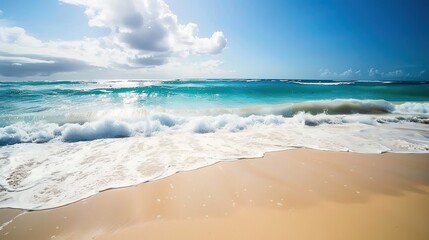 Stunning sandy beach with gentle soft blue ocean waves rolling onto the shore, creating a serene and picturesque coastal scene