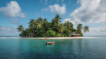 Tropical Island Paradise with Palm Trees Turquoise Water and a Small Boat