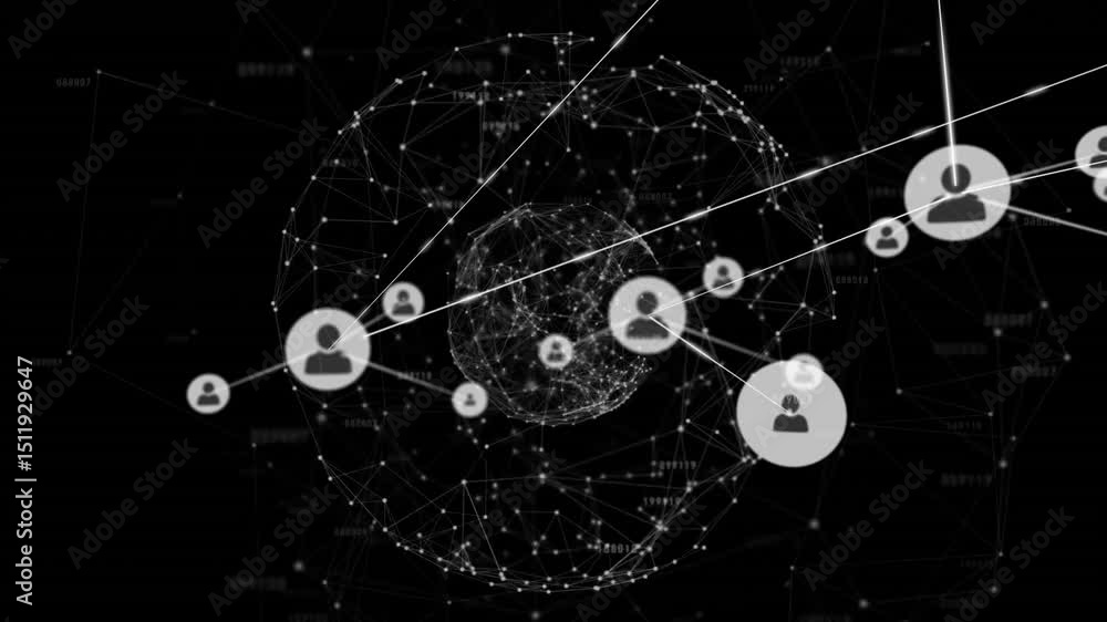 Poster upon rotation starting, 3d globe spawning user icons, extending lines, visualizing network growth