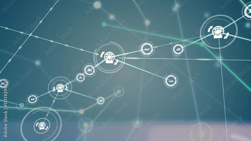 Poster opening background, illuminated node spawning circles, globe node emitting connections forming web