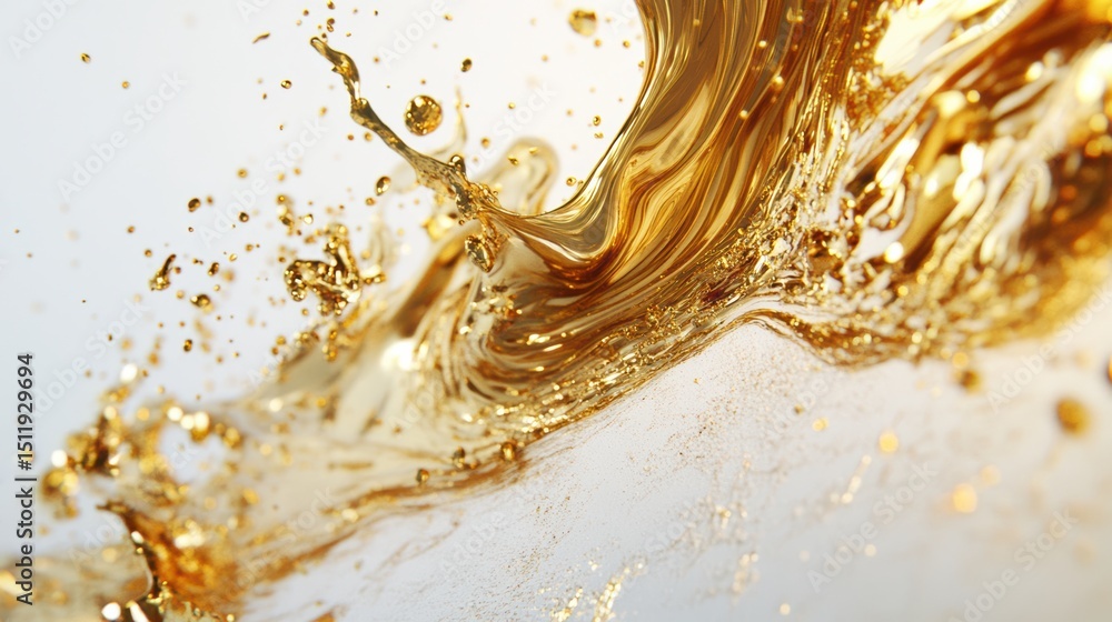 Poster close-up of golden liquid splashing elegantly, creating dynamic shapes and textures, perfect for bev