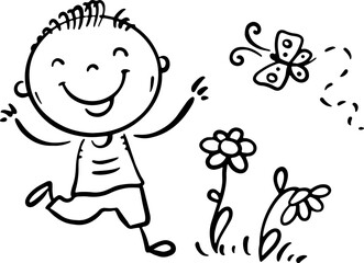 Cartoon boy have fun outdoors, little child playing, isolated black and white clipart
