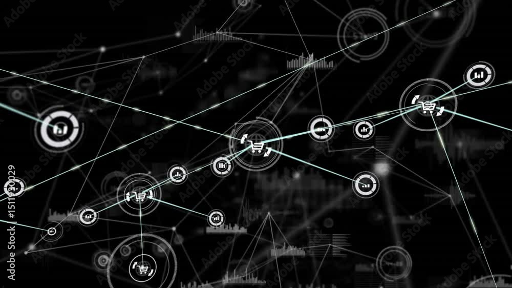 Poster glowing cart node floating on grid starting network growing with chart icons linking dynamically