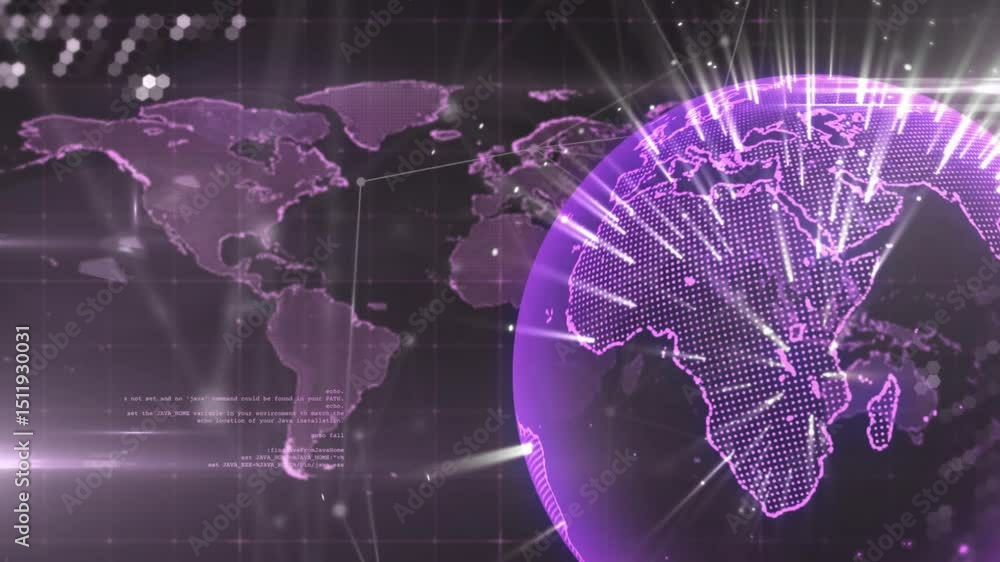 Poster sliding diagonal bar over matrix revealing rotating purple globe pulsing beams linking continents