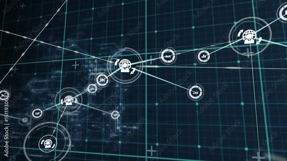 Aufkleber starting central user-icon fading in, network lines extending and nodes spawning showing data flow