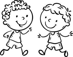 Black and white illustration of two little kids boys, isolated cute characters