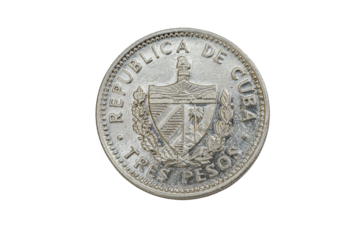 Obverse side of a 3 pesos coin featuring the Cuban coat of arms, curved legends as name of the country and face value in Spanish reads: "Republic of Cuba, and Three Pesos". Line of beads close to rim.