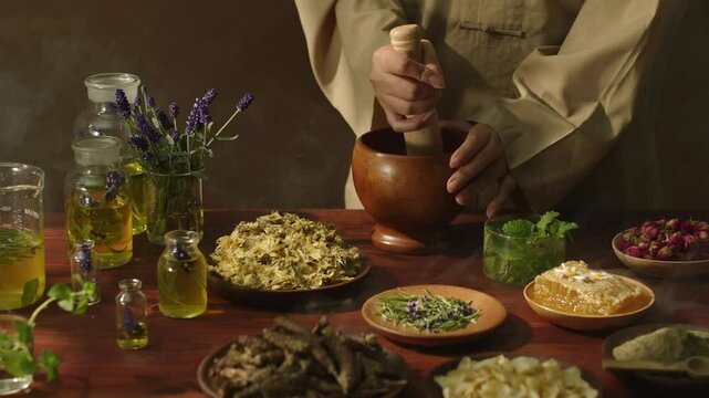 Method of crushing oriental medicine ingredients using a pestle and mortar. The physician uses a pestle to pound and rotate herbs such as dried chrysanthemums, lavender, roses, and basil.