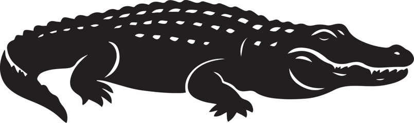 A stylized black silhouette of an alligator, showcasing its powerful jaws and textured back