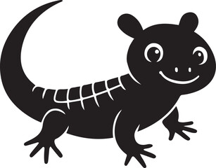 A charming black silhouette of a cartoon lizard, playfully posed with a cheerful expression and a long tail.