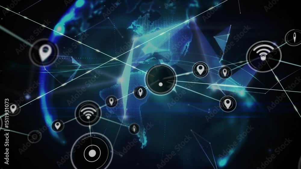 Poster fading node sending lines, icons popping map shifting into spinning globe digital network expanding