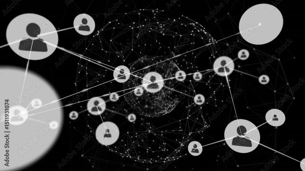Aufkleber drifting large user-icon initiating white connections to wireframe globe, forming expanding network