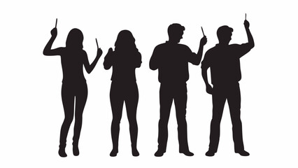 Silhouettes of four people standing and pointing upwards with objects held in their hands looking up high