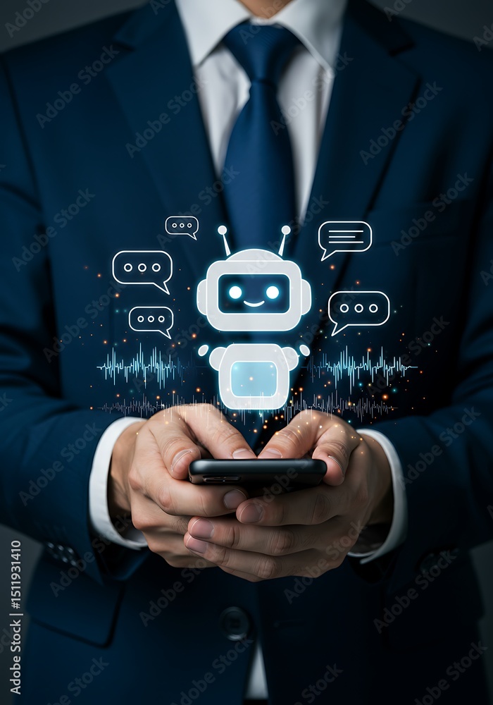 Poster businessman using artificial intelligence chatbot app on smartphone for customer service solutions