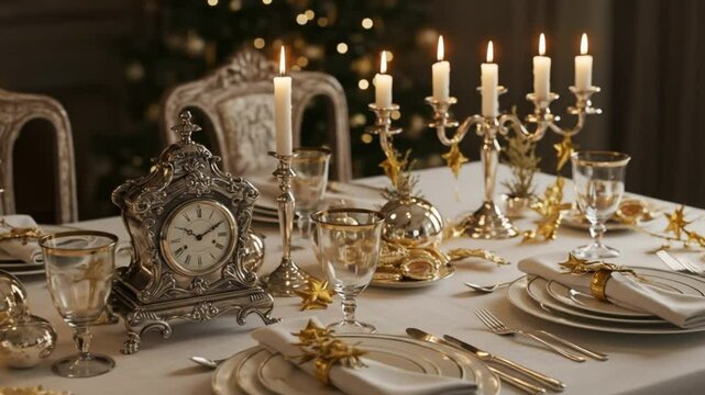 Elegant christmas table setting with candles, silver clock, and ornate tableware for a festive celebration
