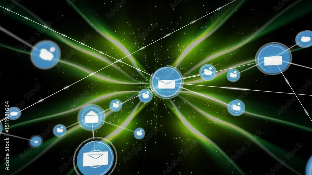 Poster single blue envelope icon emerging triggers network expanding outward to represent growing data web