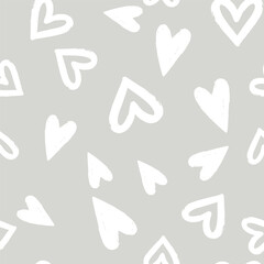 Heart seamless pattern texture. Valentines day illustration of romantic white hand-drawn hearts on pastel gray background. Wedding brushstroke repeating print design.