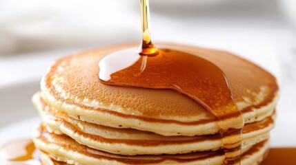 Fototapeta premium Delicious pancakes stacked high, drizzled with golden syrup, perfect for breakfast or brunch indulgence.
