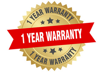 1 year warranty. 1 year warranty round red and gold label isolated on transparent background
