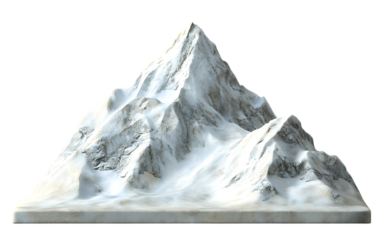 Snow covered mountain range with sharp peak isolated on transparent background