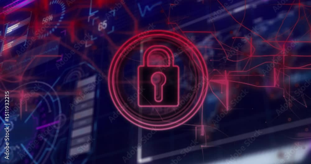 Poster on data update, red padlock icon pulsing, gauge updating with grid sweeping for security