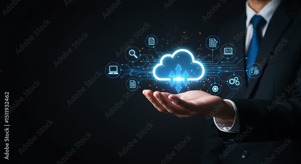 Aufkleber businessman presenting a cloud computing concept representing data storage and technology