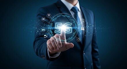 Businessman pointing at a 5g wireless network conceptual illustration on a digital interface